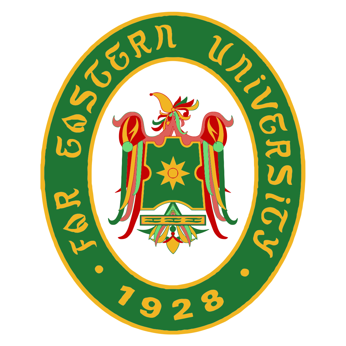 Far Eastern University logo, featuring a green shield with a golden sunburst and university initials FEU in bold green letters.